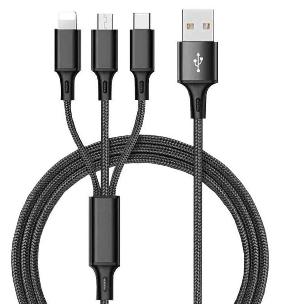 3-in-1 braided charging cable with Lightning, Micro-USB and Type-C connectors in nylon braiding