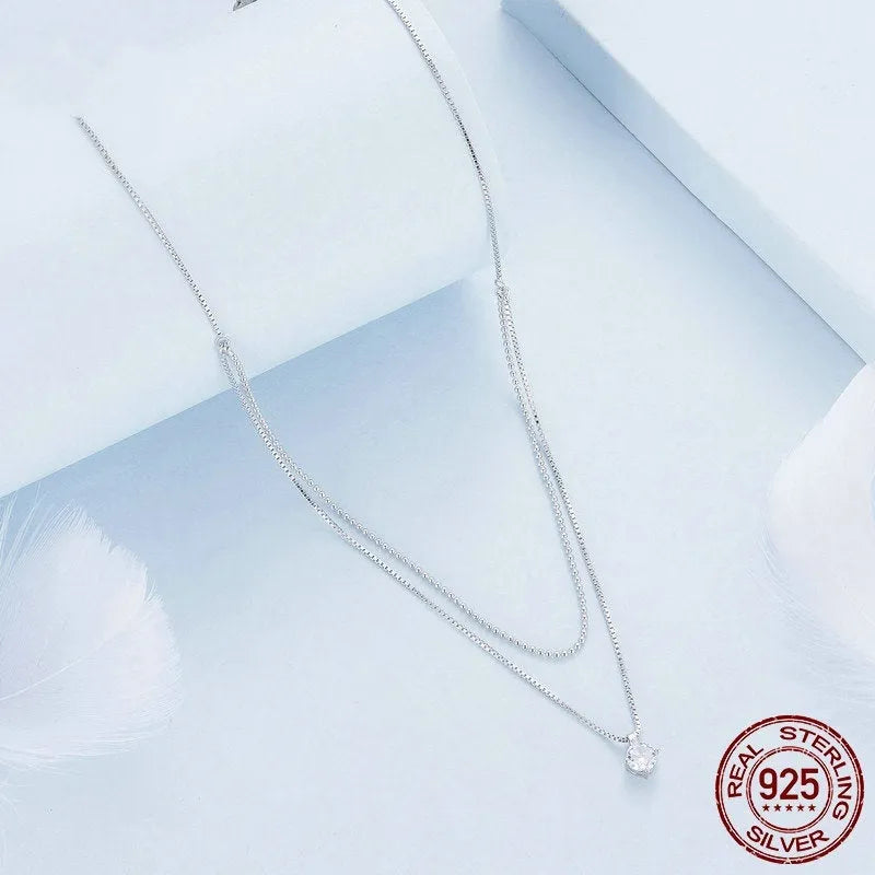S925 sterling silver double-layer necklace with pearl chain and pendant for women