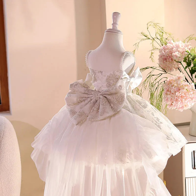 White light luxury princess dress for girls, polyester fibre, 80-150cm height range, flower girl wedding style