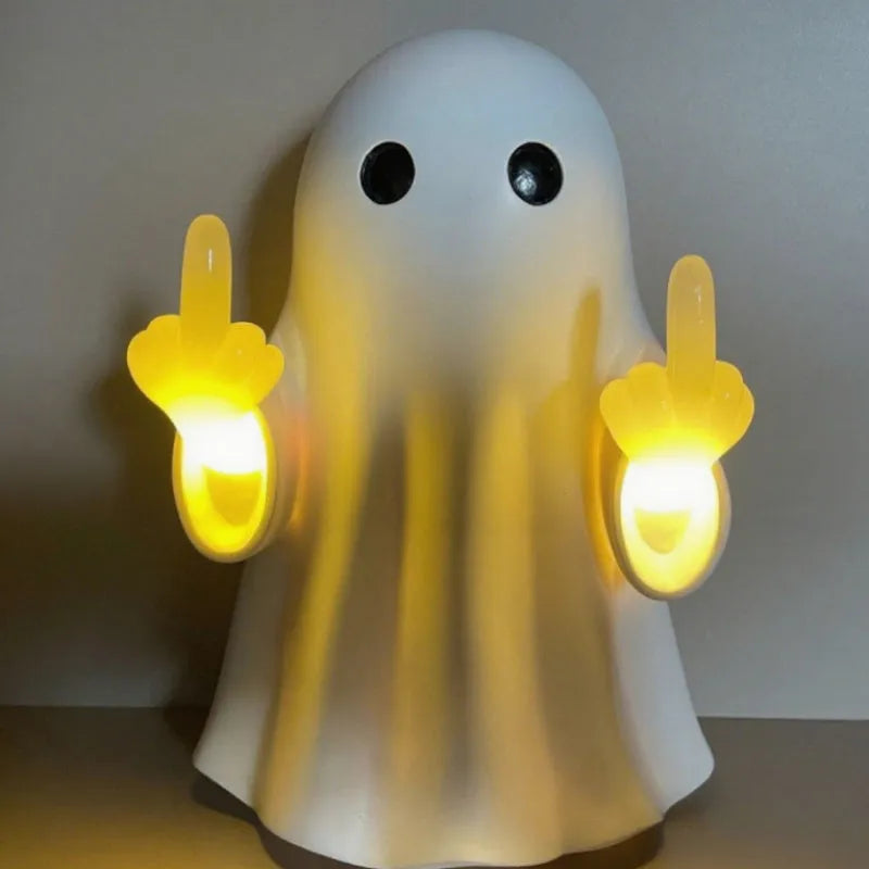 White plastic ghost statue Halloween night lamp with battery-operated LED light, 19.85cm tall