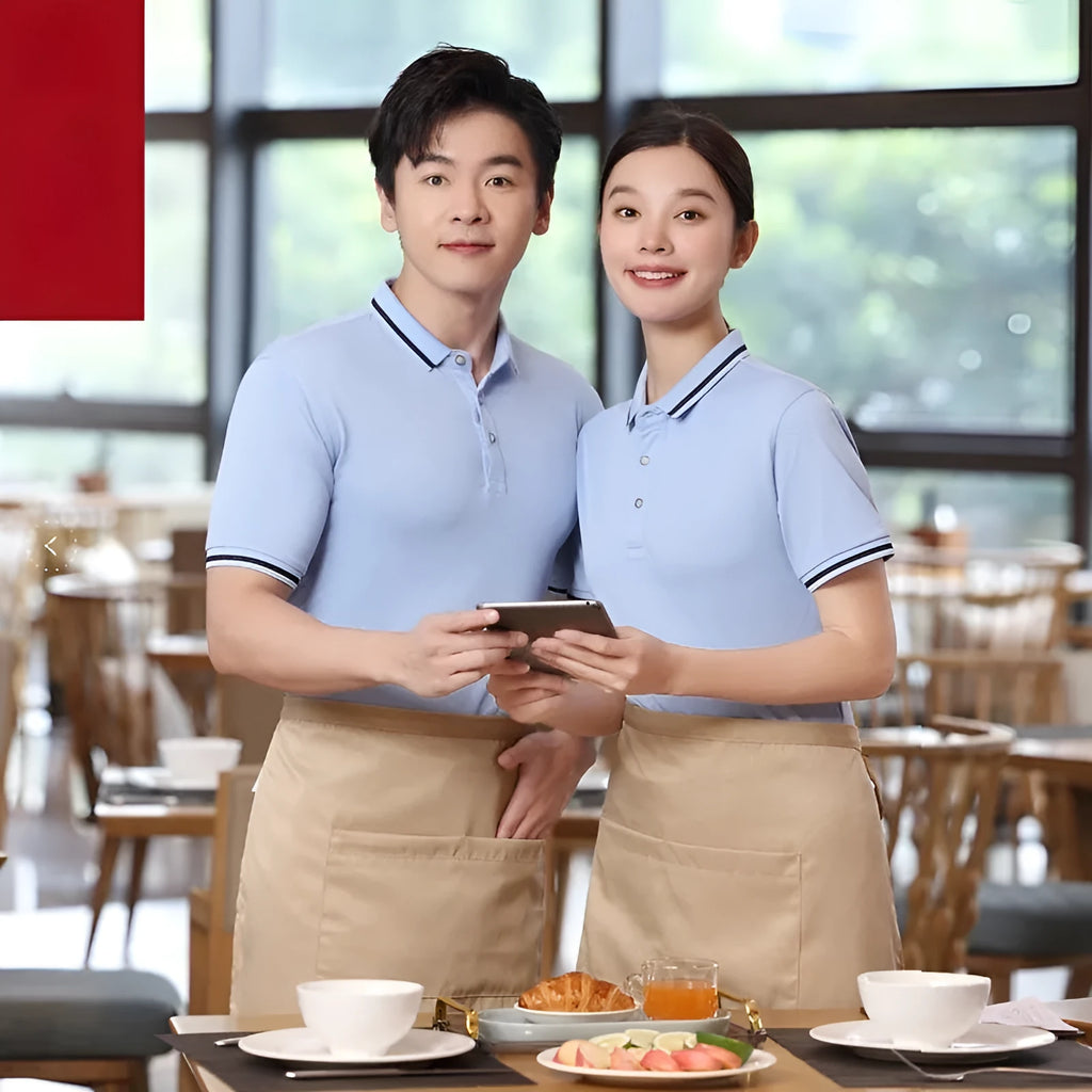 Summer waiter workwear top in cotton blend polyester, available in eight colours, front view on model