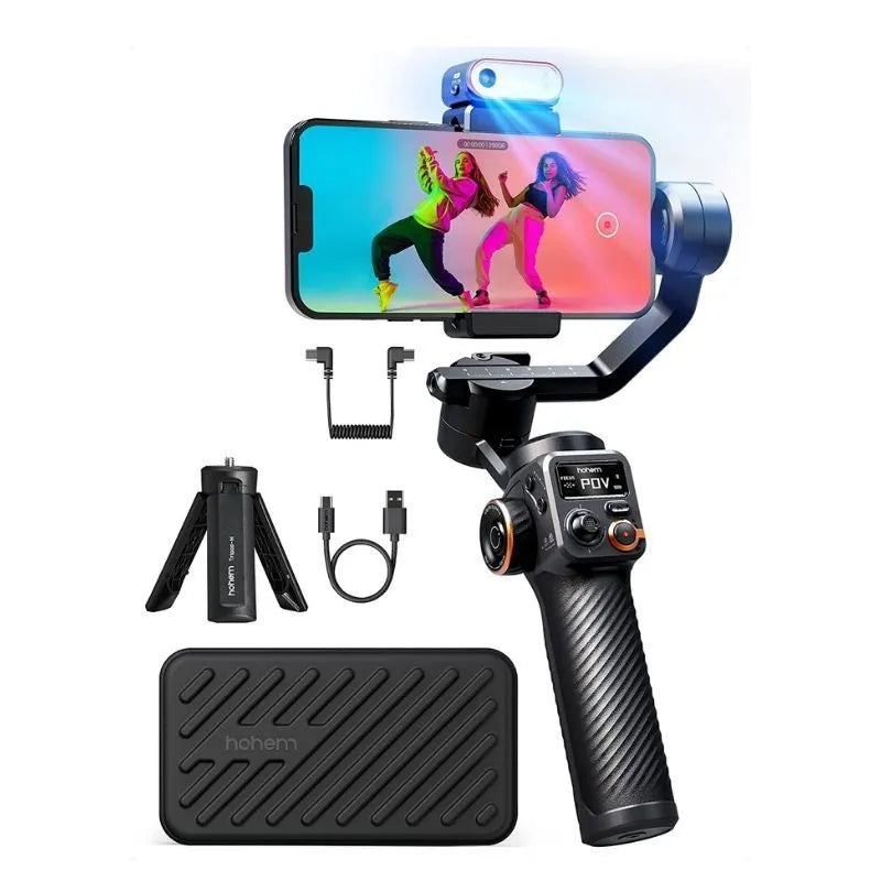 Black AI face fill light three-axis stabiliser with smartphone attached and magnetic fill light