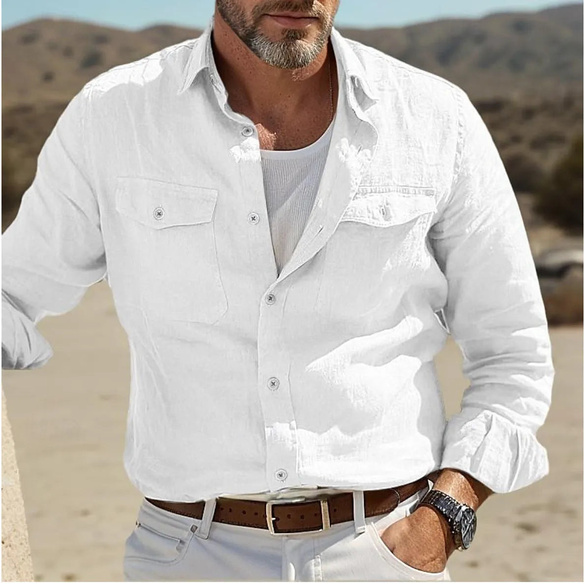 Men's green cotton linen blend long sleeve casual shirt showing loose fit design