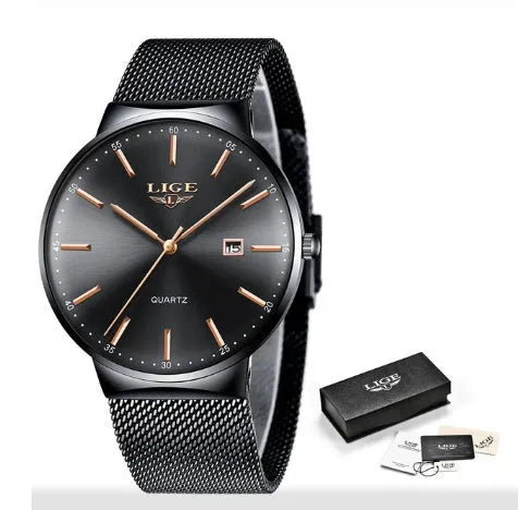 Men's stainless steel watch with 40mm dial in black, blue, or two-tone colour options.