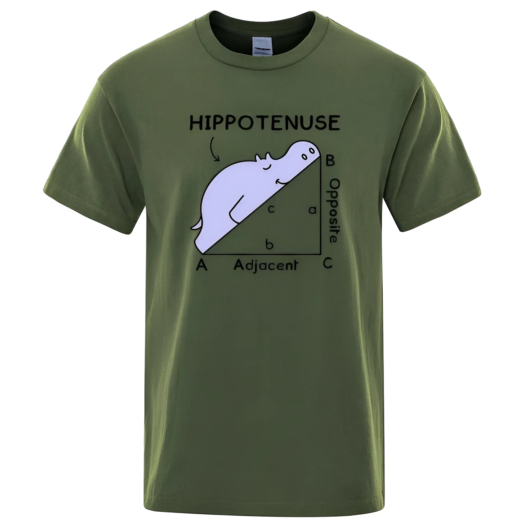 Loose fit cotton T-shirt with 'Hippotenuse Opposite Adjacent' funny text print, shown in Army Green colour.