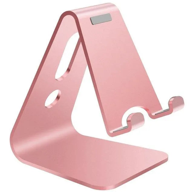 Metal aluminium alloy phone stand holding a mobile phone, available in black, red, rose gold, and silver colours