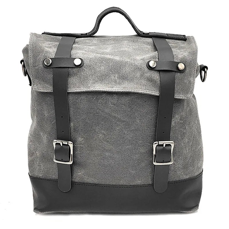 Waterproof canvas motorcycle side bag with cowhide reinforcement showing dimensions and colour options