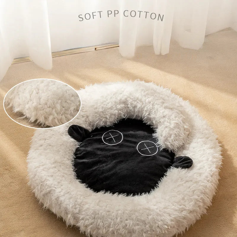 Round fluffy faux wool cat bed in winter warm style, available in sizes L, M, S for indoor cats.
