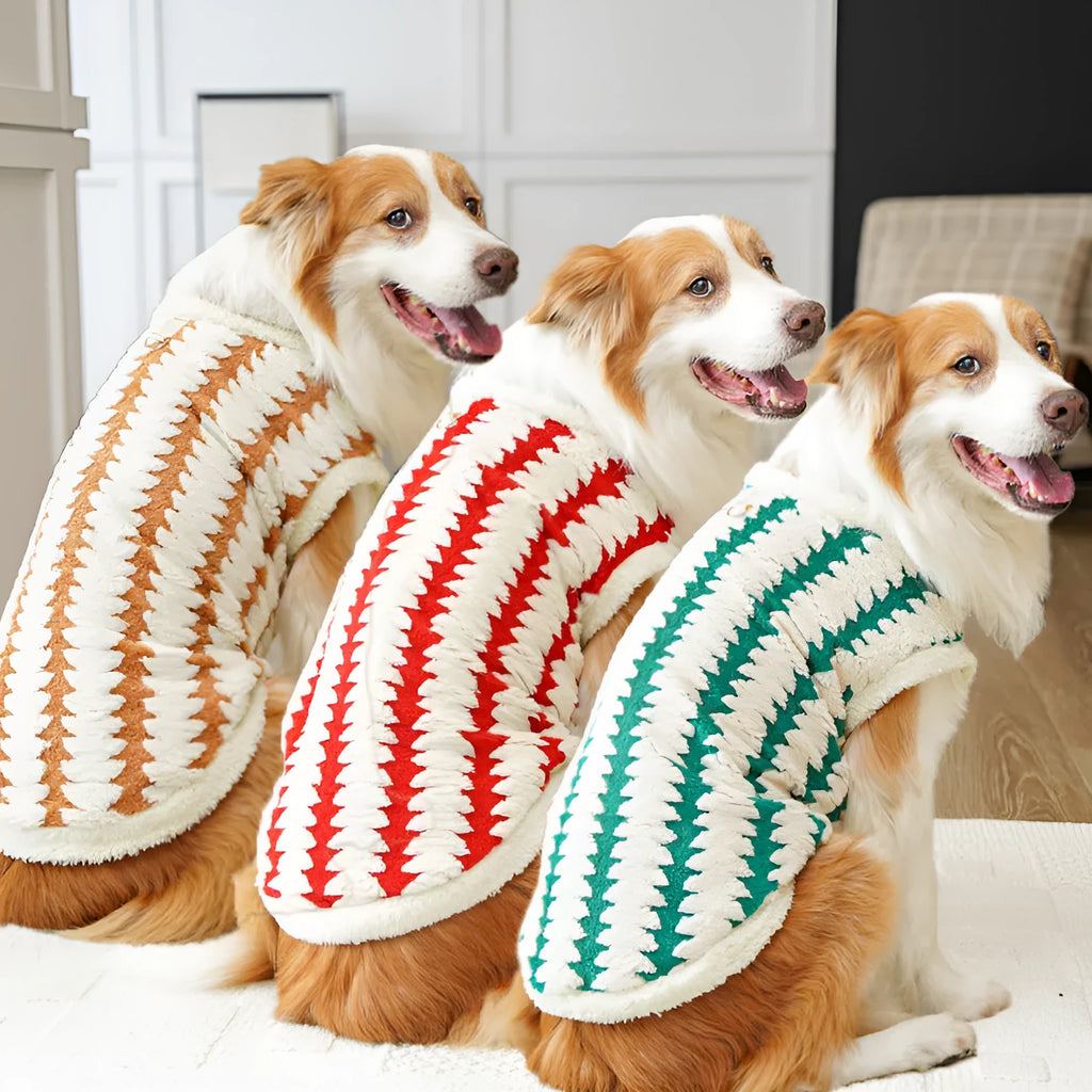 Golden Retriever wearing caramel polyester fleece pet coat with casual fit and visible chest measurement label