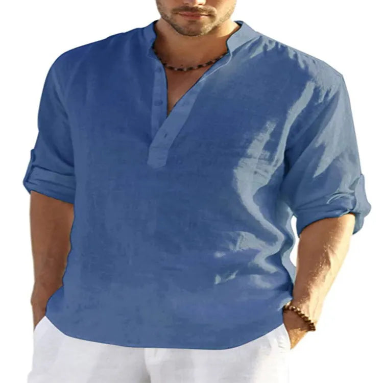 Men's casual cotton linen shirt in light blue with stand collar and button detail