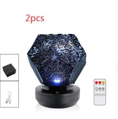 LED starry sky projector showing constellation projection on bedroom ceiling with remote control