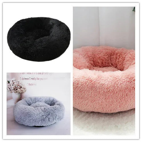Round PV plush pet bed with raised rim in khaki colour for dogs and cats