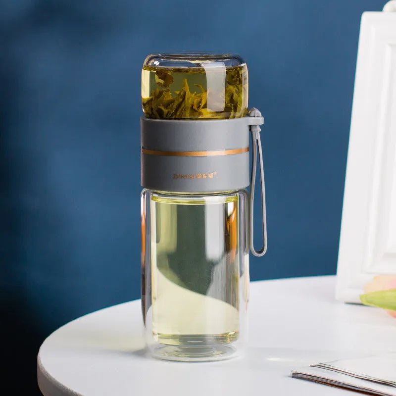 Double wall glass water bottle with tea infuser filter, leakproof, high borosilicate, stainless steel strainer, portable rope, 400ml