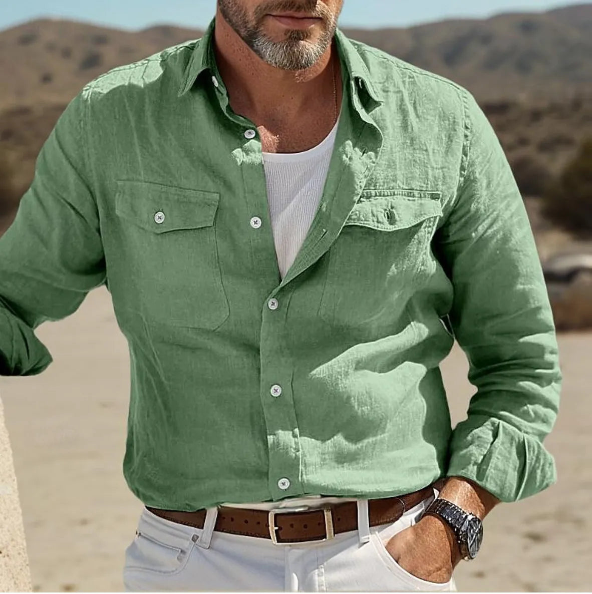 Men's green cotton linen blend long sleeve casual shirt showing loose fit design