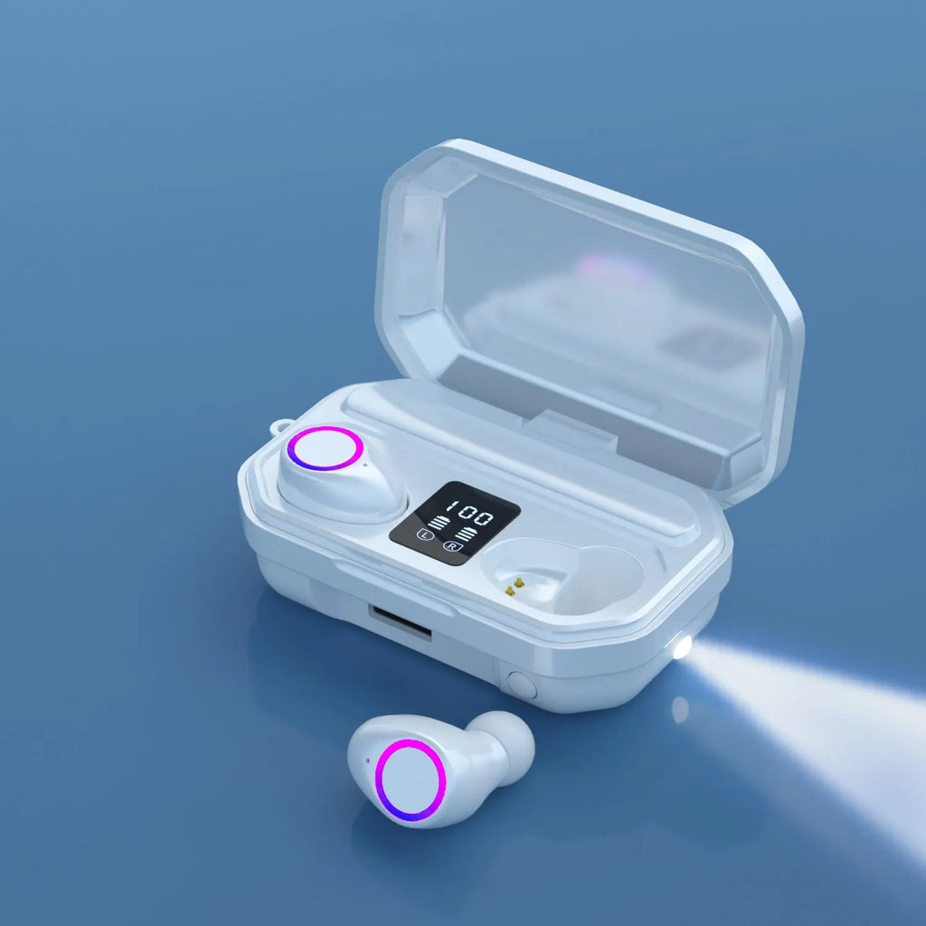Black and white wireless Bluetooth headset with charging cabin showing LED power display