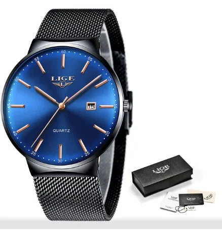 Men's stainless steel watch with 40mm dial in black, blue, or two-tone colour options.