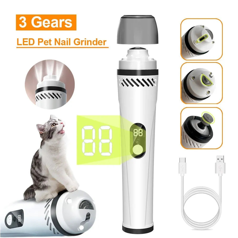 White and grey electric dog nail grinder with LED display showing speed settings and dust collection port