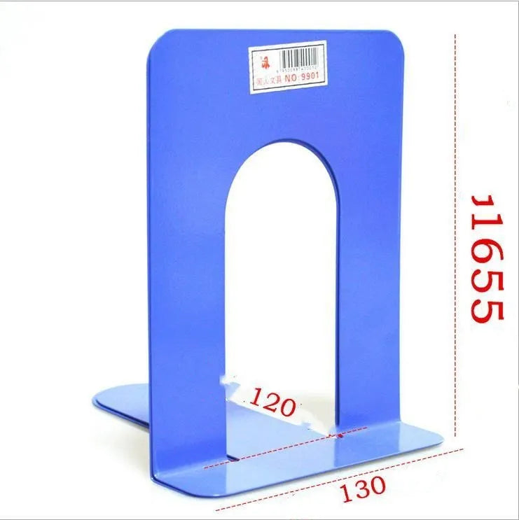 Metal bookend in blue holding books upright on a shelf with non-slip base