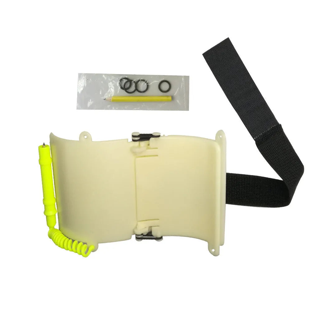 White luminous diving wristboard with writing surface and integrated pencil for underwater communication