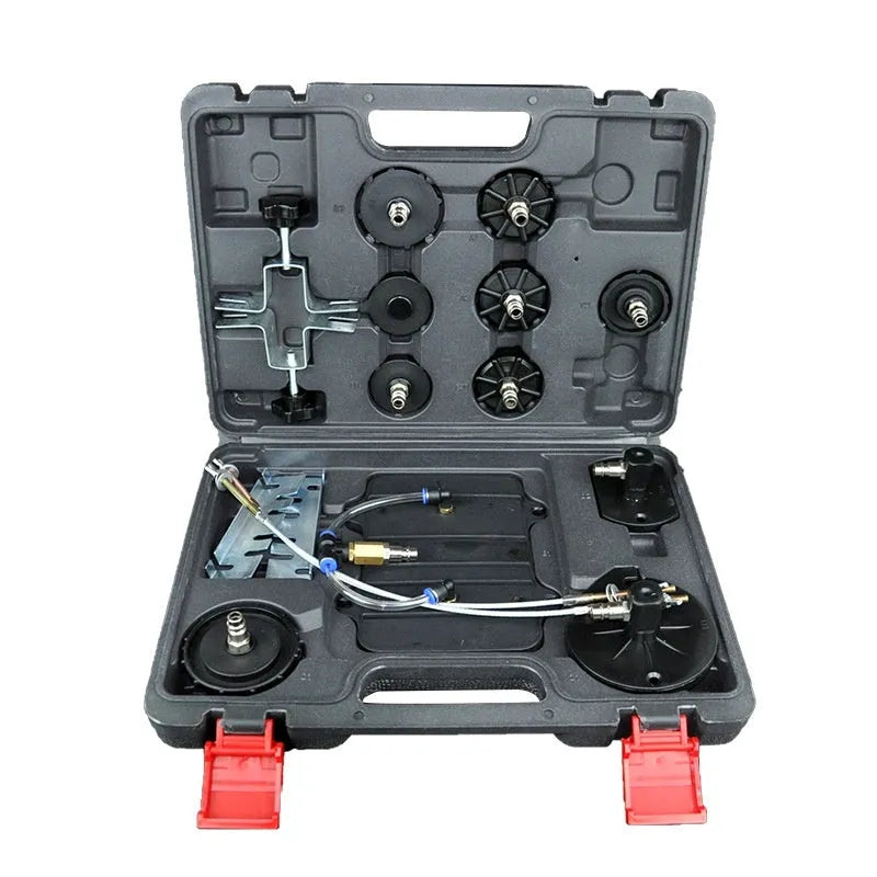Pneumatic brake fluid replacement machine with pressure gauge and large fluid tank for automotive workshop use.