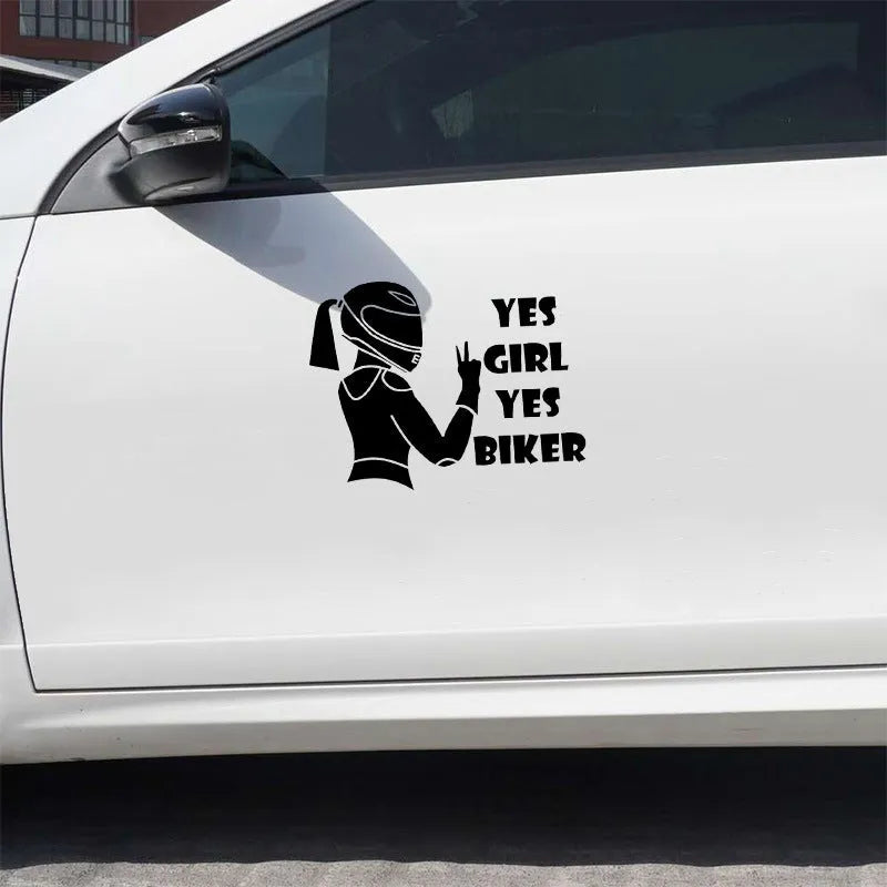 Cool girl rider character design car sticker in black, white, and laser colour options.