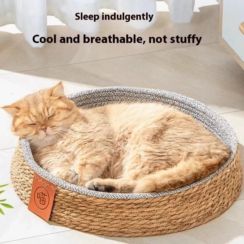 Woven rattan cat bed pet nest shown in a natural colour