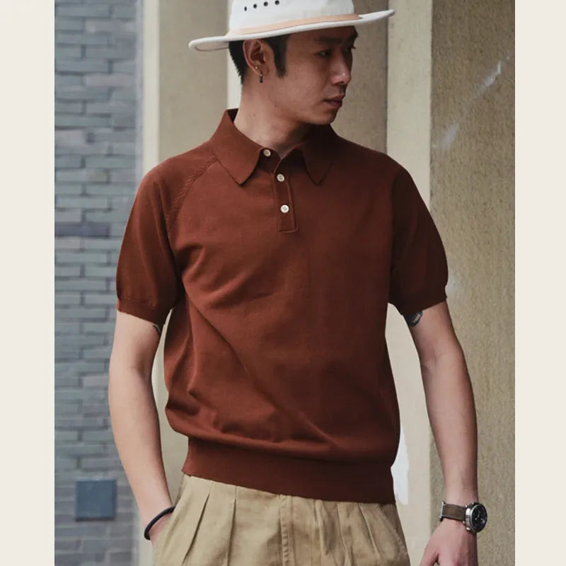 Retro slim fit knitted cotton short-sleeved T-shirt in a solid dark brown colour