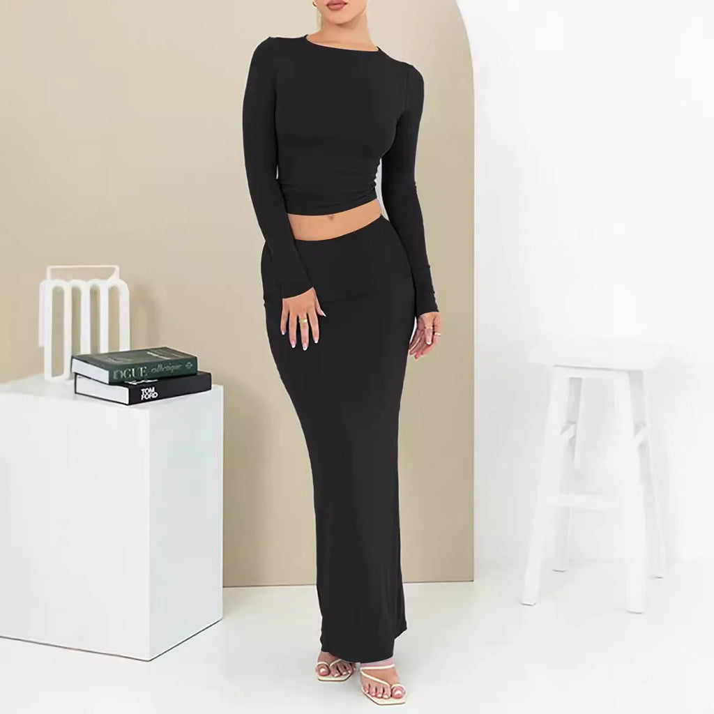 Women's sweet style two-piece suit with crop top and long skirt in polyester fabric