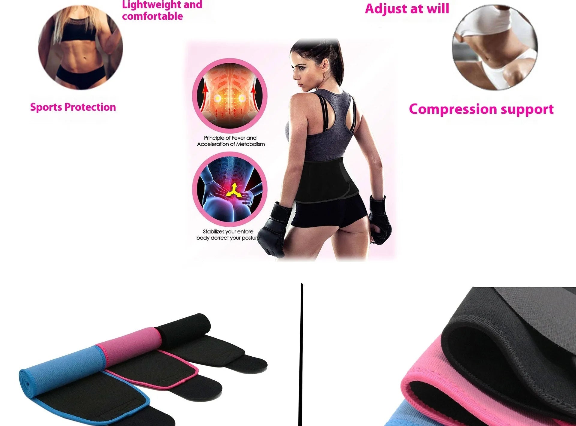 Neoprene lumbar support belt for running and fitness waist protection in black, blue or pink