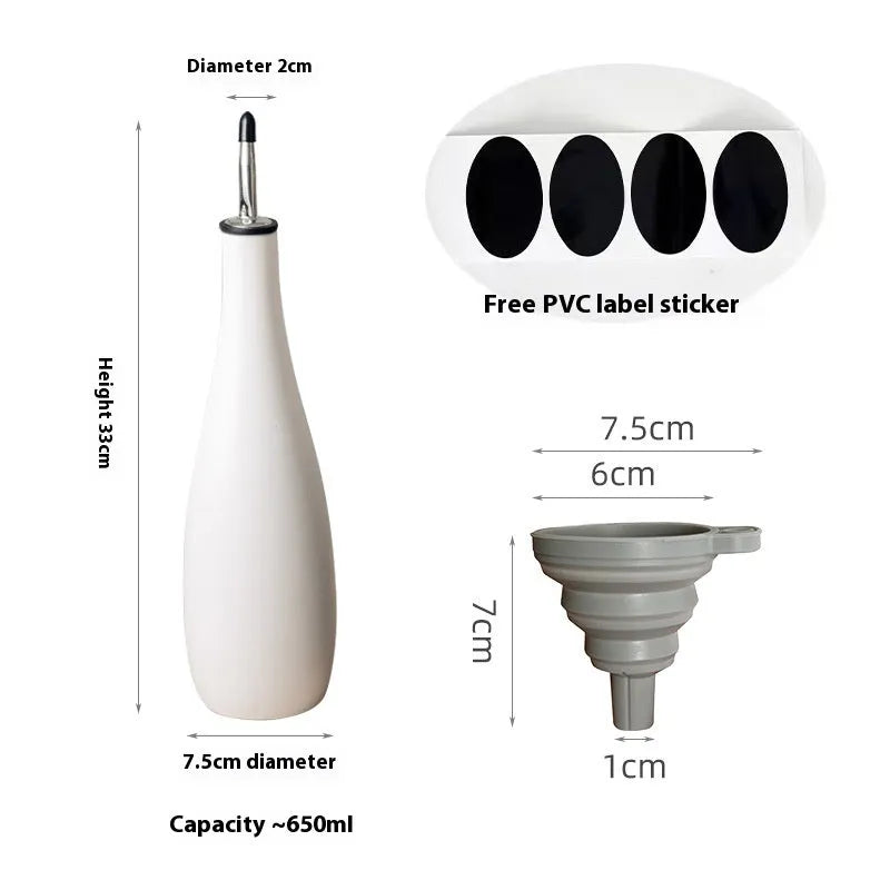 Ceramic oil pot with funnel in black, coffee, and white colour options, 650ml capacity.