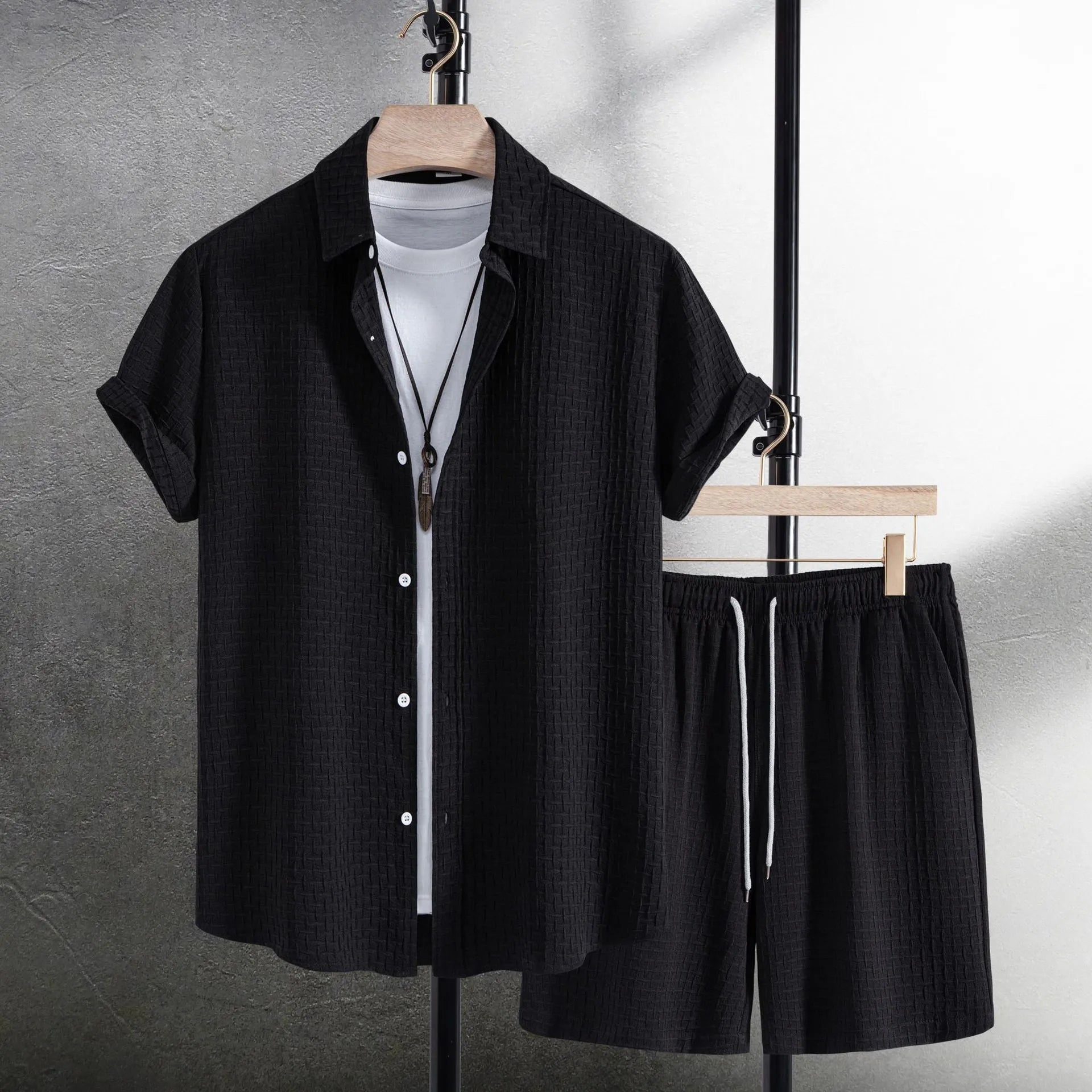 Men's loose fit cotton blend beach set with short sleeve shirt and shorts in solid black or white