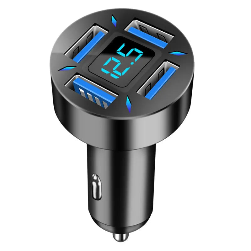 Black four-port USB car charger with LED digital display showing charging status