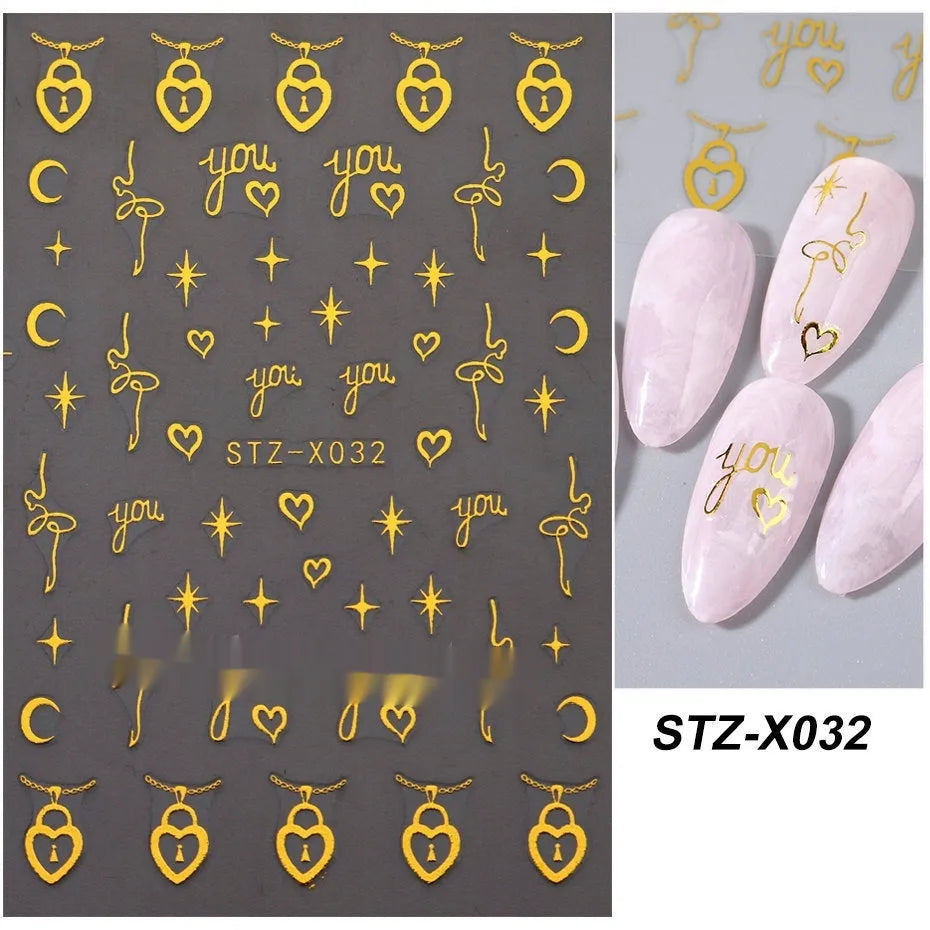 Sheet of black and silver strip nail art stickers with cartoon and love heart designs