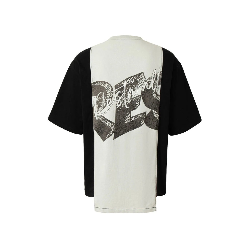 Black and white deconstruction print loose fit cotton blend T-shirt for summer streetwear