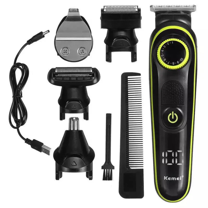 Black KM-696 electric hair clipper set with USB charging cable and cleaning brush