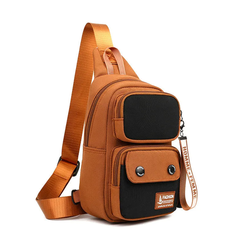 Outdoor leisure crossbody shoulder bag in nylon, shown in black, beige contrast, and light brown contrast colour options.