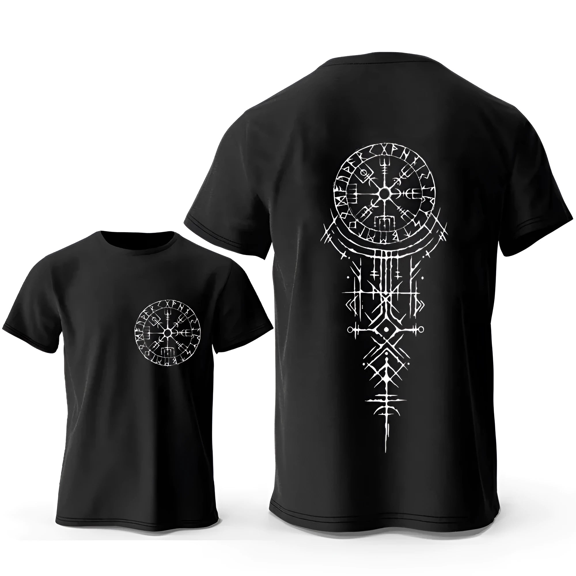 A man's grey cotton T-shirt with a printed Viking Rune Compass design on the chest.