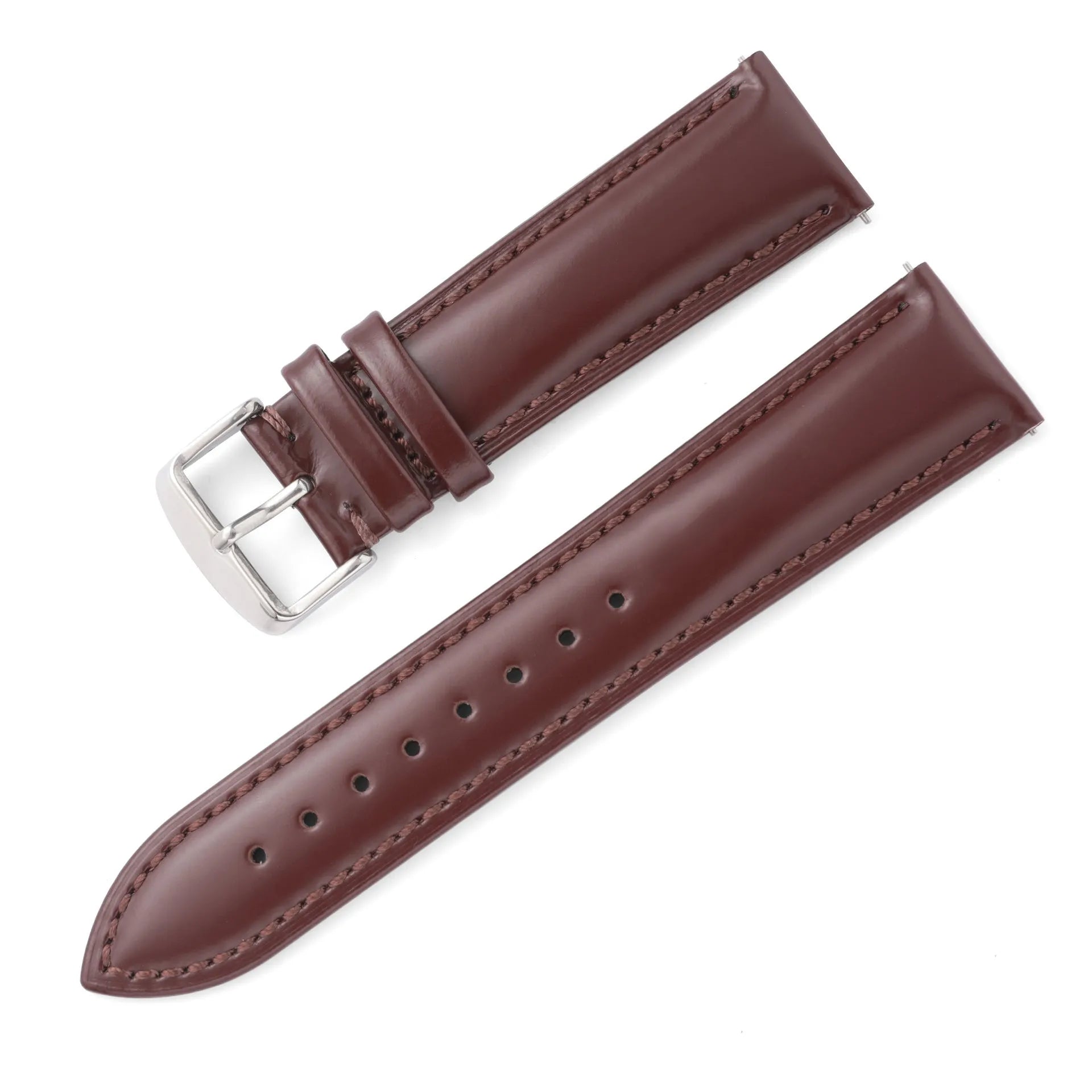 Quick release watch strap in cowhide leather showing buckle and multiple colour options including black, brown, and blue with white thread.