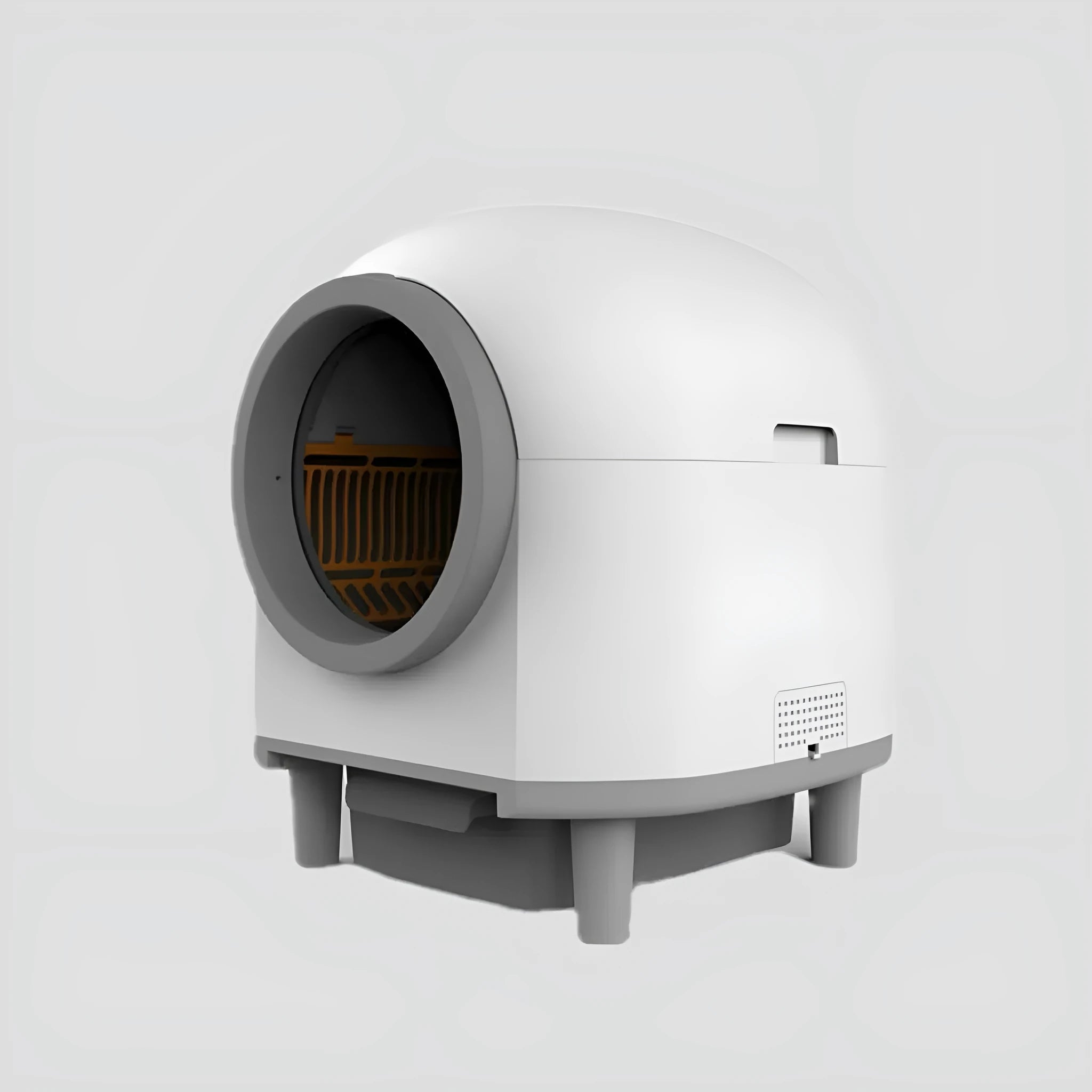 White automatic cat litter box with enclosed design measuring 556mm long by 512mm wide