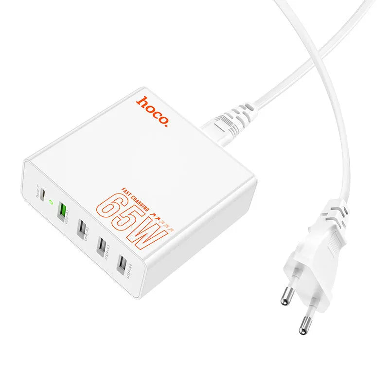 White European 65W PD fast charger with Type-C and USB-A ports, 1.5m cable, flame retardant PC housing