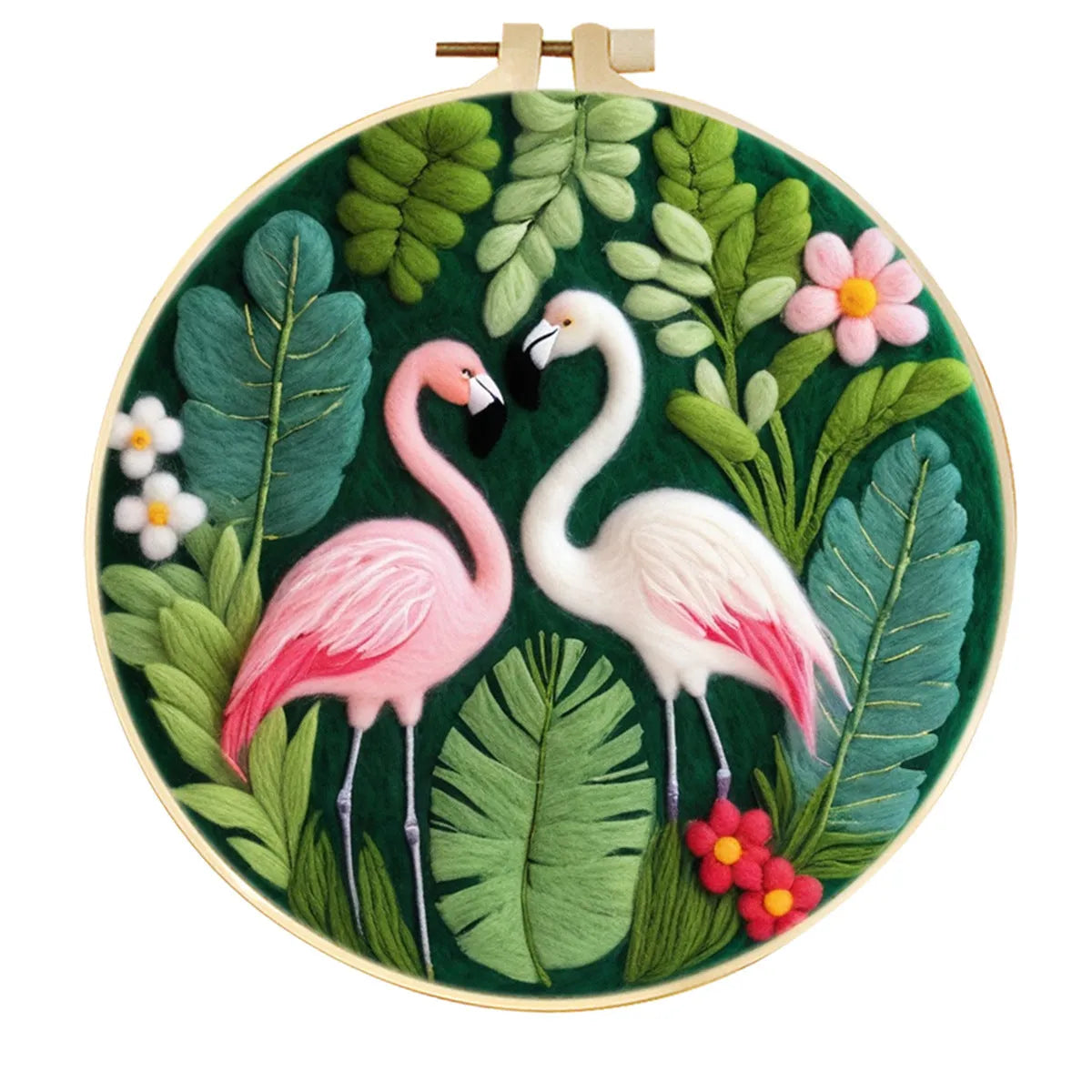 Round 20x20 cm linen embroidery kit with wool felt pieces for floral design and included embroidery frame.