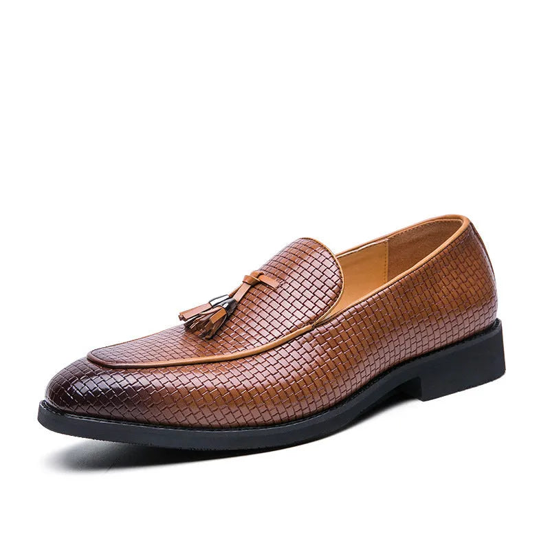 Men's black pointed toe slip on business shoes with tassel decoration on artificial PU leather