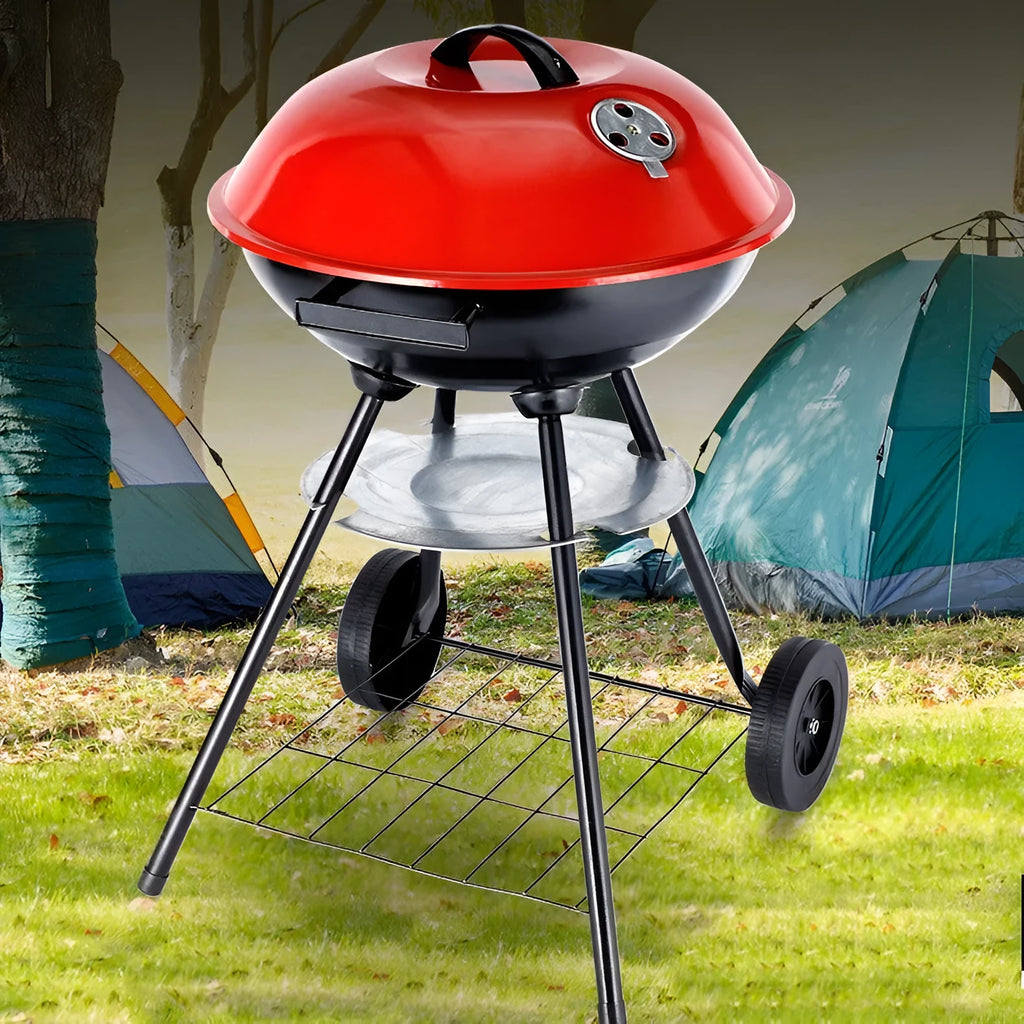 Portable iron barbecue grill with 14-inch cooking surface for outdoor use
