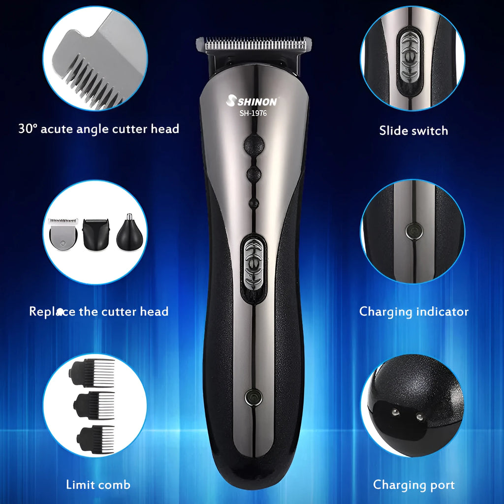 Three-in-one rechargeable men's grooming suit in compact case with attachments