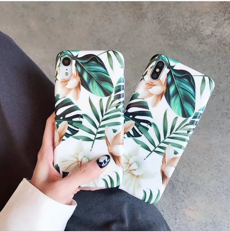 Floral banana leaf art soft TPU phone case for iPhone on white background