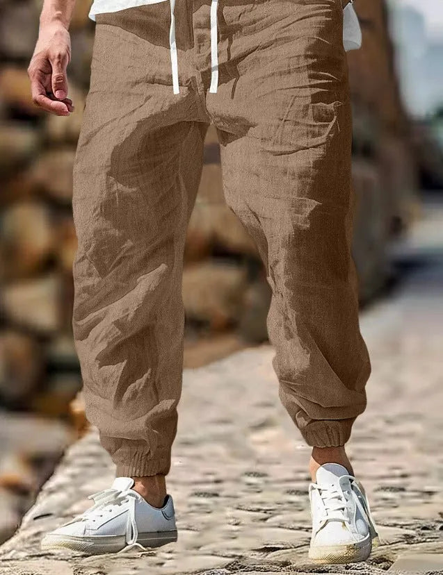 Men's straight leg linen trousers in Army Green with elastic waistband