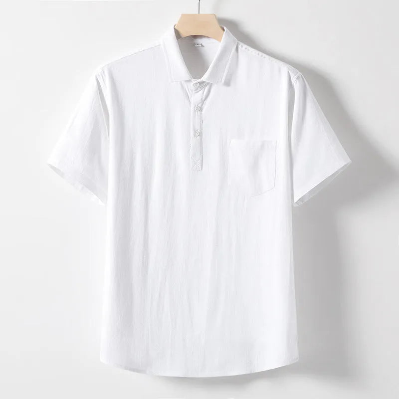 Men's loose lapel linen-blend t-shirt in black, optic linen, or white, short sleeve pullover style.