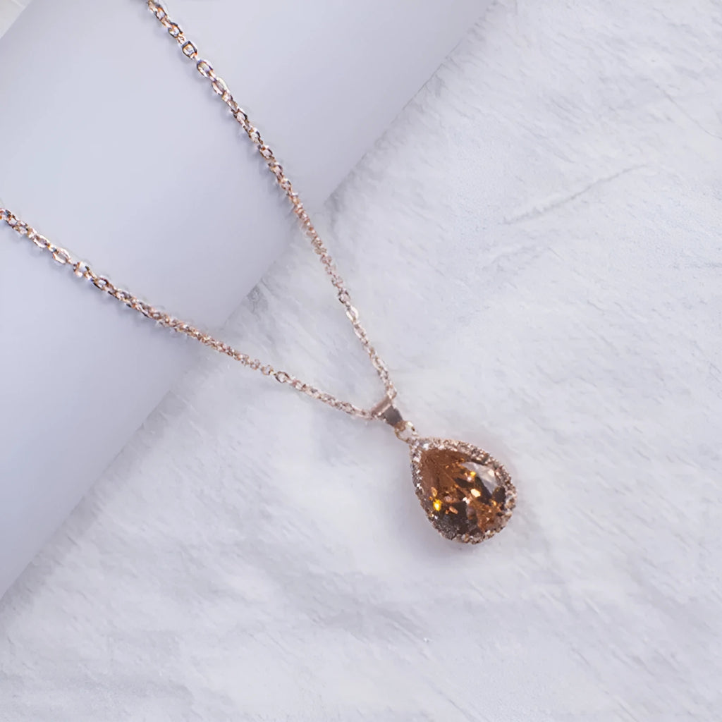 Rose gold drop necklace with rhinestone pendant in pink colour, geometric Japanese Korean style women's jewellery