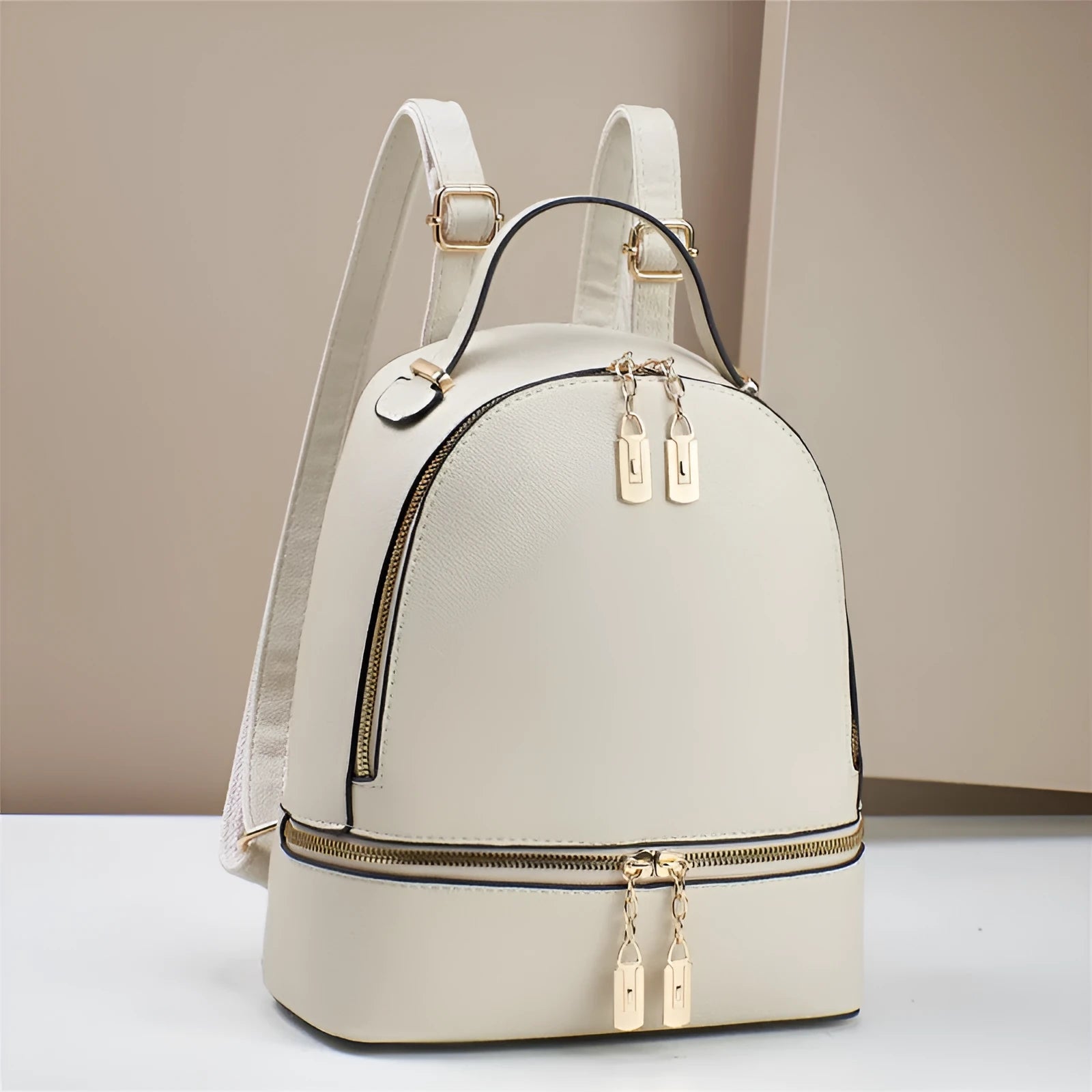 Soft leather large capacity PU travel bag 24x12x29cm in beige with sewing thread detail