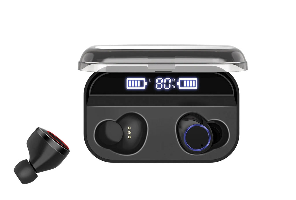 X11 black wireless Bluetooth earphones and charging case with silicone ear tips.